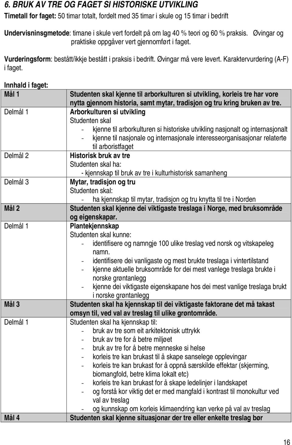 Innhald i faget: Mål 1 Delmål 2 Delmål 3 Mål 2 Mål 3 Mål 4 Studenten skal kjenne til arborkulturen si utvikling, korleis tre har vore nytta gjennom historia, samt mytar, tradisjon og tru kring bruken