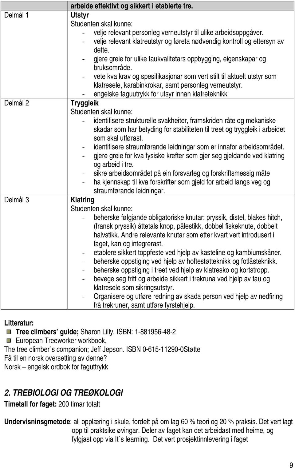 - vete kva krav og spesifikasjonar som vert stilt til aktuelt utstyr som klatresele, karabinkrokar, samt personleg verneutstyr.