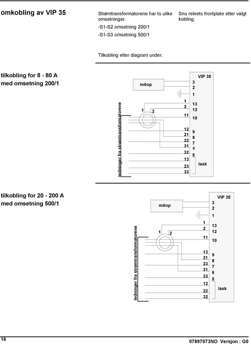 tilkobling for 8-80 A med omsetning 200/1 3 ledninger fra strømtransformatorene mitop 1 2 1 2 11 12 21 22 31 32 13 23 33 2 1