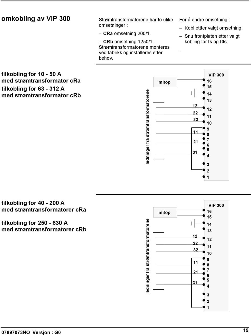 . tilkobling for 10-50 A med strømtransformator cra tilkobling for 63-312 A med strømtransformator crb ledninger fra strømtransformatorene mitop 12 22 32 11 21 31 VIP 300 16 15