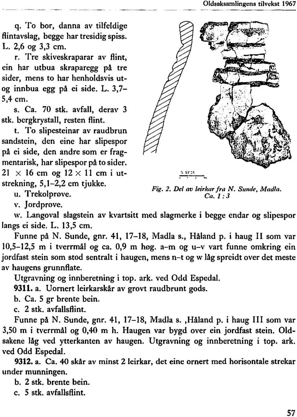 t. To slipesteinar av raudbrun sandstein, den eine har slipespor på ei side, den andre som er fragmentarisk, har slipespor på to sider. 21 X 16 cm og 12 X 11 cm i utstrekning, 5,1-2,2 cm tjukke. u. Trekolprøve.