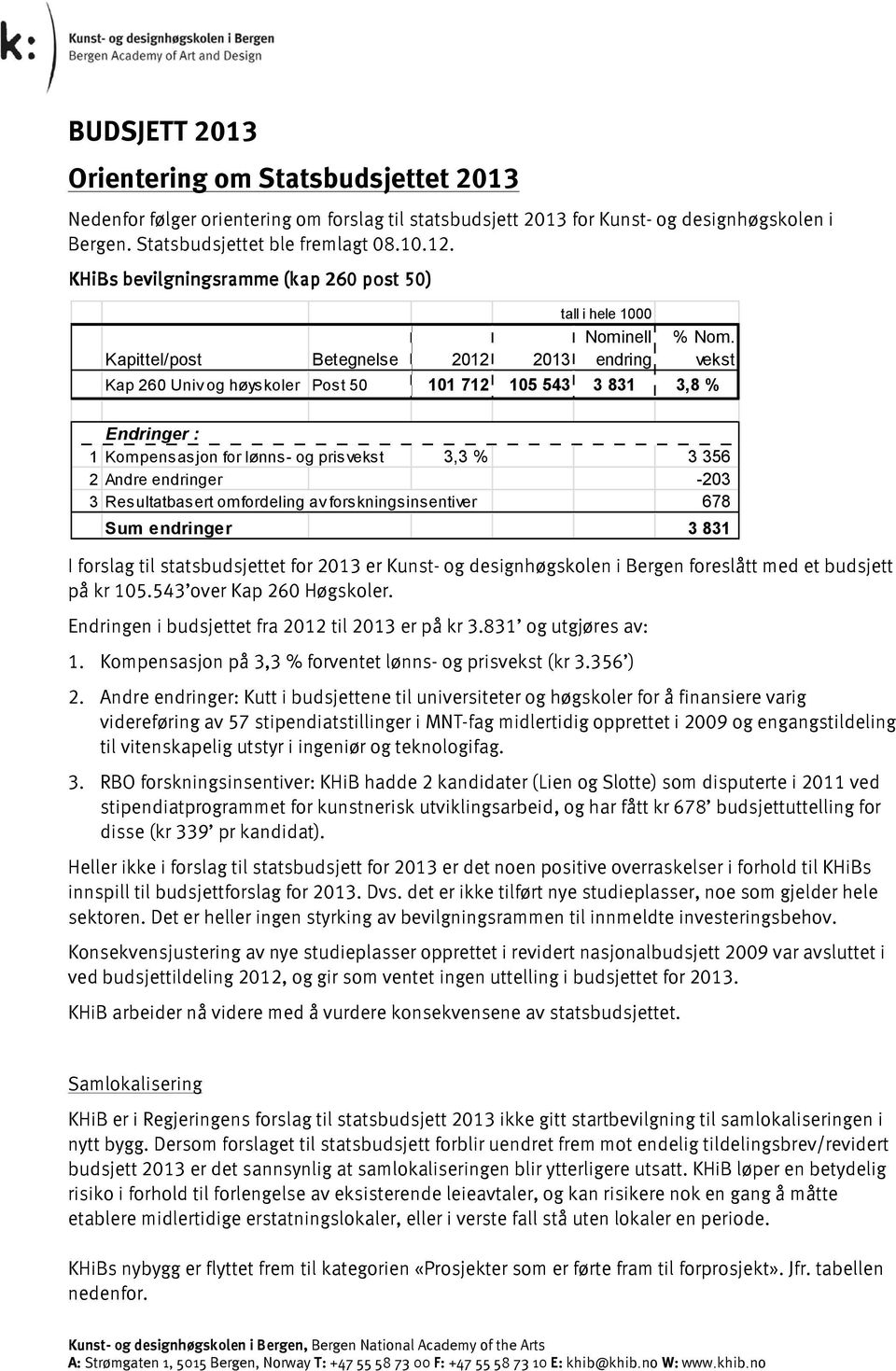 vekst Kap 260 Univ og høyskoler Post 50 101 712 105 543 3 831 3,8 % Endringer : 1 Kompensasjon for lønns- og prisvekst 3,3 % 3 356 2 Andre endringer -203 3 Resultatbasert omfordeling av