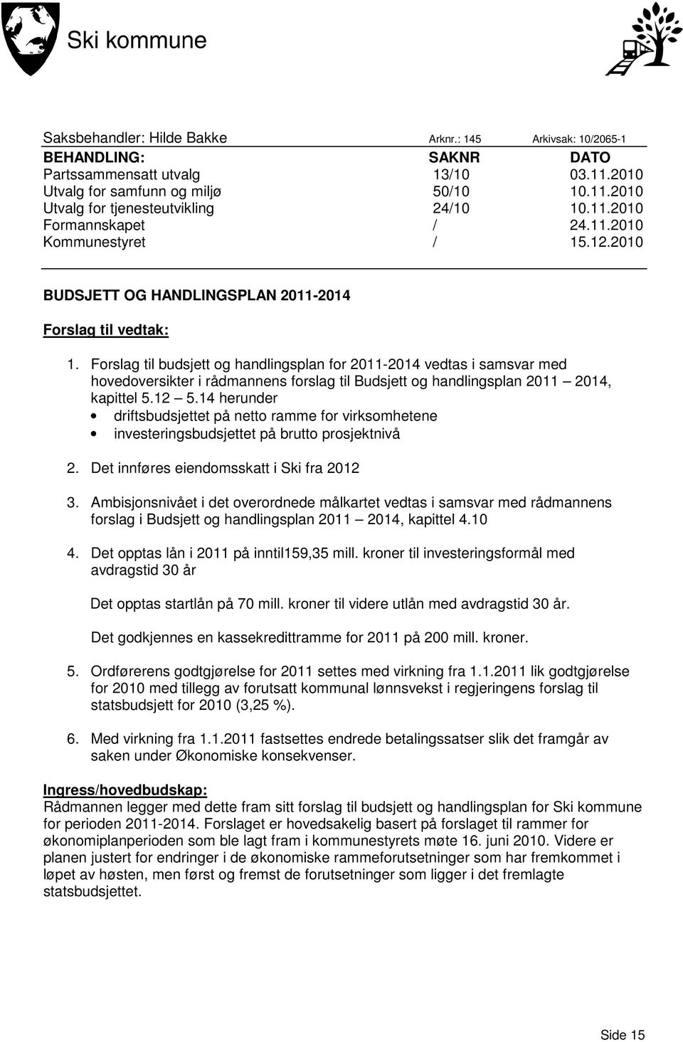 Forslag til budsjett og handlingsplan for 2011-2014 vedtas i samsvar med hovedoversikter i rådmannens forslag til Budsjett og handlingsplan 2011 2014, kapittel 5.12 5.