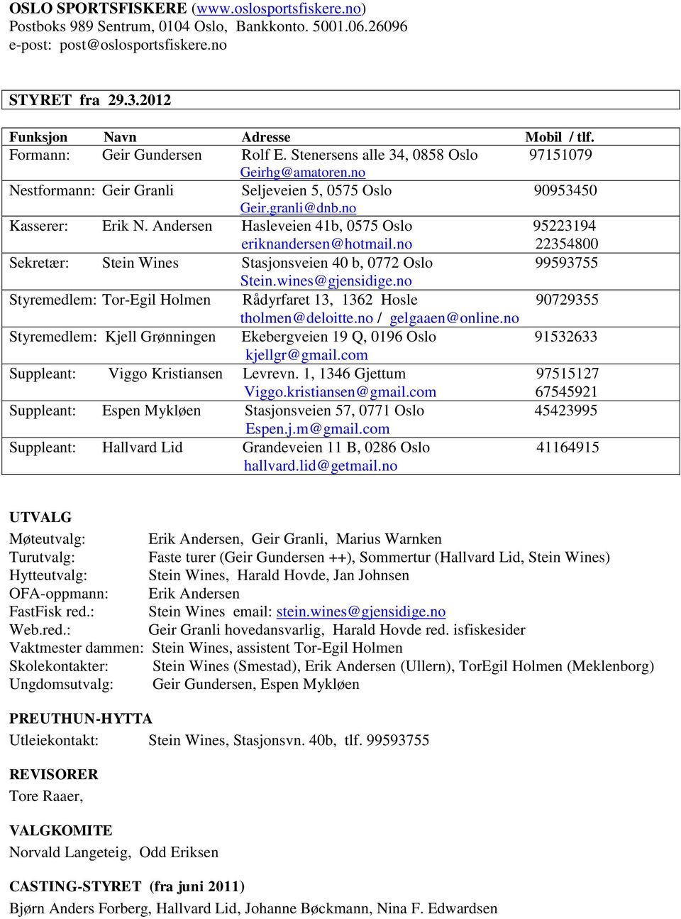 Andersen Hasleveien 41b, 0575 Oslo 95223194 eriknandersen@hotmail.no 22354800 Sekretær: Stein Wines Stasjonsveien 40 b, 0772 Oslo 99593755 Stein.wines@gjensidige.