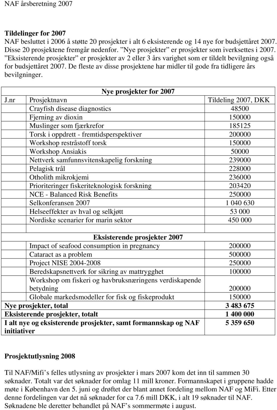 De fleste av disse prosjektene har midler til gode fra tidligere års bevilgninger. Nye prosjekter for 2007 J.