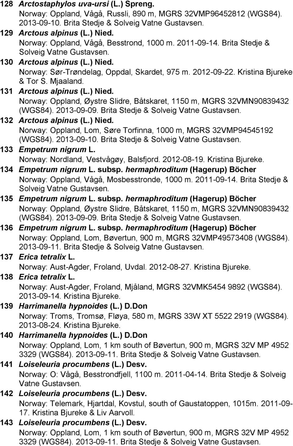 2013-09-09. Brita 132 Arctous alpinus (L.) Nied. Norway: Oppland, Lom, Søre Torfinna, 1000 m, MGRS 32VMP94545192 (WGS84). 2013-09-10. Brita 133 Empetrum nigrum L.