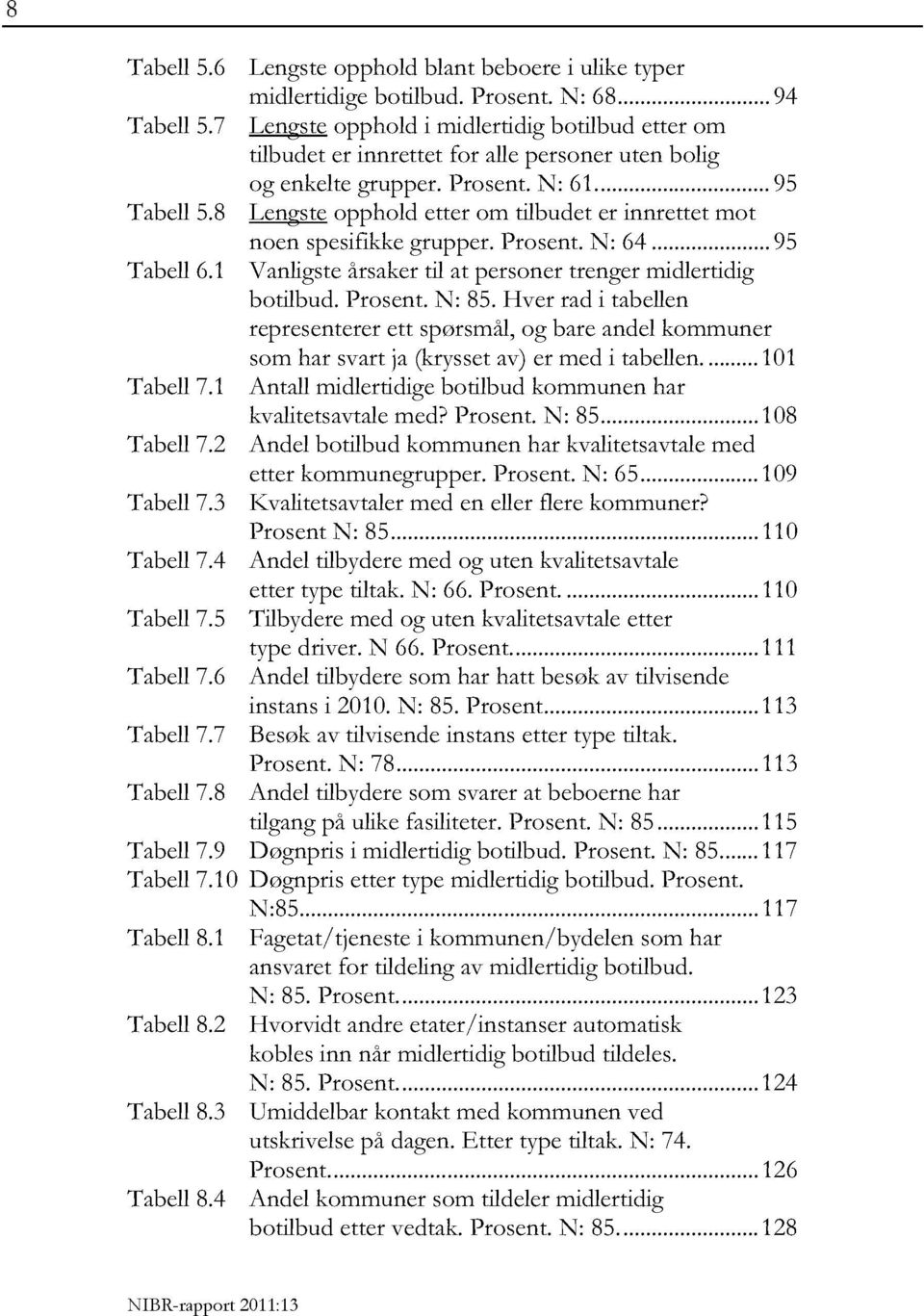 8 Lengsteopphold etter om tilbudet er innrettet mot noen spesifikkegrupper. Prosent. N: 64...95 Tabell6.1 Vanligsteårsakertil at personer trenger midlertidig botilbud. Prosent. N: 85.