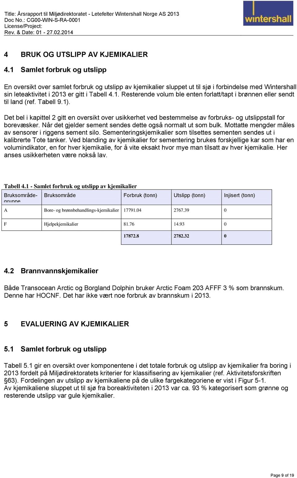 Tabell 9.1). Det bel i kapittel 2 gitt en oversikt over usikkerhet ved bestemmelse av forbruks- og utslippstall for borevæsker. Når det gjelder sement sendes dette også normalt ut som bulk.