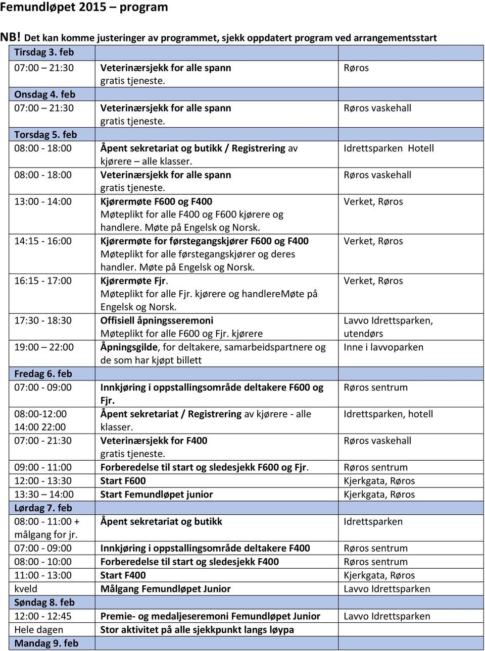 08:00-18:00 Veterinærsjekk for alle spann Røros vaskehall 13:00-14:00 Kjørermøte F600 og F400 Verket, Røros Møteplikt for alle F400 og F600 kjørere og handlere. Møte på Engelsk og Norsk.