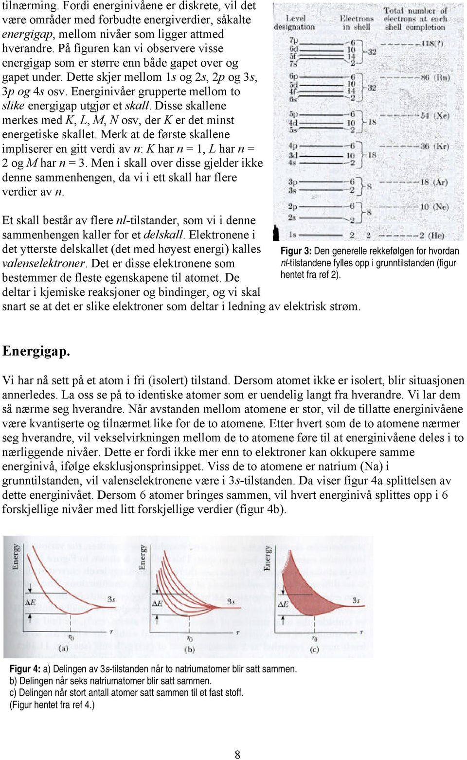 Energinivåer grupperte mellom to slike energigap utgjør et skall. Disse skallene merkes med K, L, M, N osv, der K er det minst energetiske skallet.