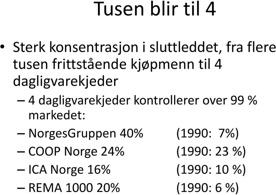 kontrollerer over 99 % markedet: NorgesGruppen 40% (1990: 7%) COOP