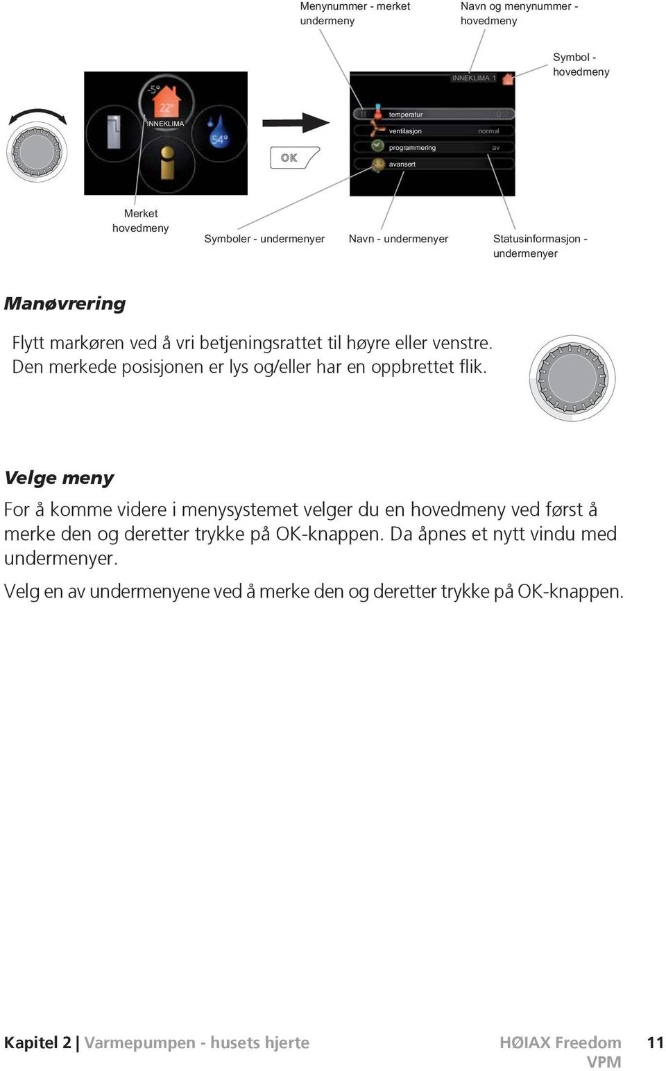 Velge meny For å komme videre i menysystemet velger du en hovedmeny ved først å merke den og deretter