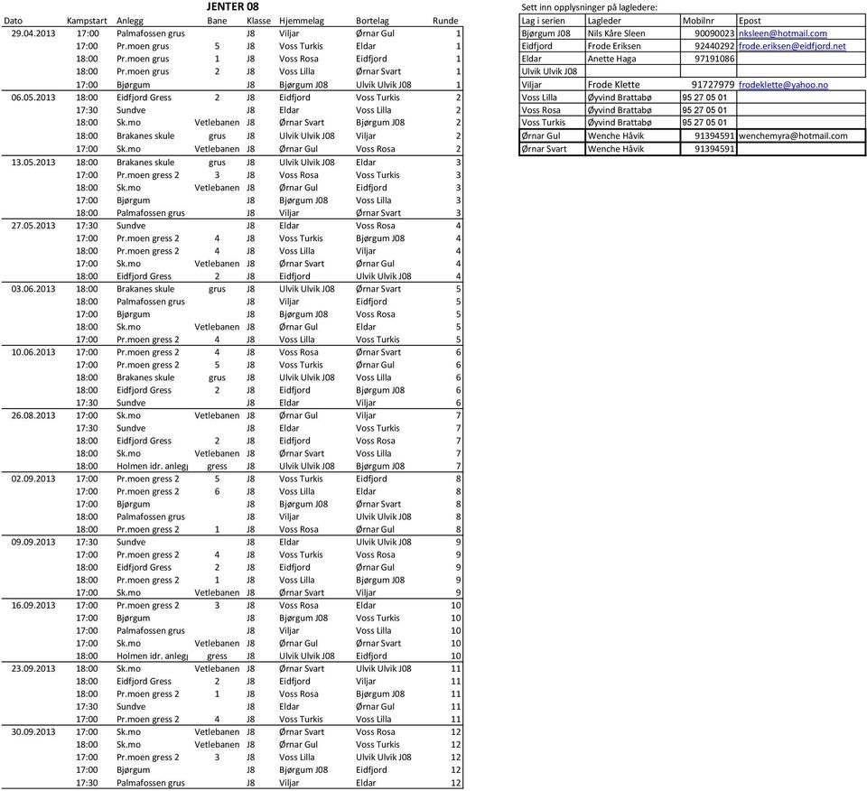 eriksen@eidfjord.net 18:00 Pr.moen grus 1 J8 Voss Rosa Eidfjord 1 Eldar Anette Haga 97191086 18:00 Pr.