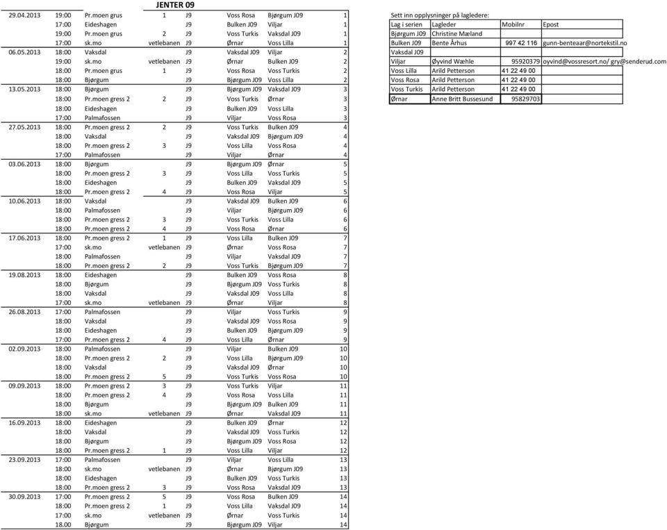 2013 18:00 Vaksdal J9 Vaksdal J09 Viljar 2 Vaksdal J09 19:00 sk.mo vetlebanen J9 Ørnar Bulken J09 2 Viljar Øyvind Wæhle 95920379 oyvind@vossresort.no/ gry@senderud.com 18:00 Pr.