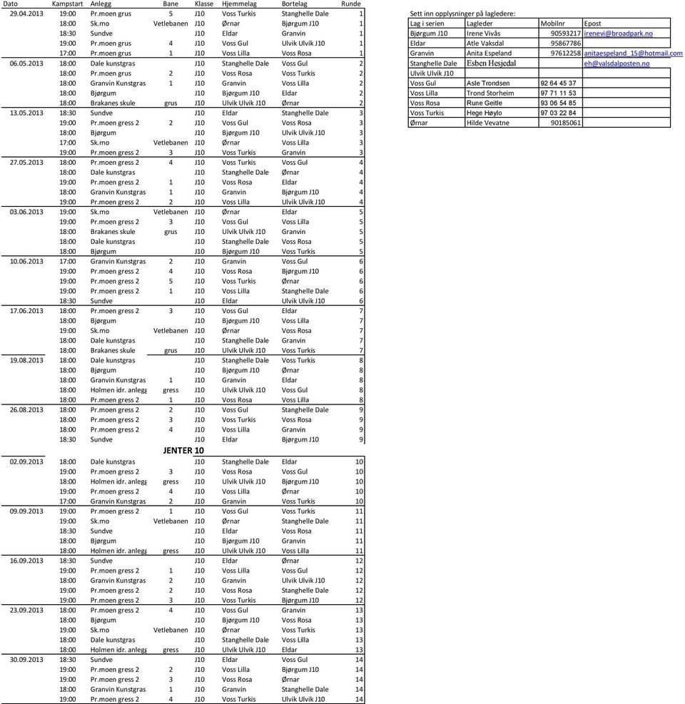 moen grus 4 J10 Voss Gul Ulvik Ulvik J10 1 Eldar Atle Vaksdal 95867786 17:00 Pr.moen grus 1 J10 Voss Lilla Voss Rosa 1 Granvin Anita Espeland 97612258 anitaespeland_15@hotmail.com 06.05.