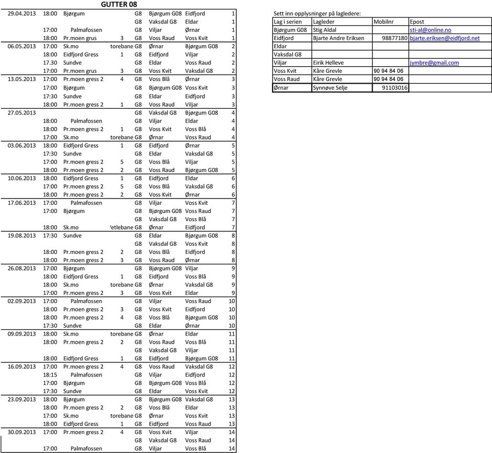 sti-al@online.no 18:00 Pr.moen grus 3 G8 Voss Raud Voss Kvit 1 Eidfjord Bjarte Andre Eriksen 98877180 bjarte.eriksen@eidfjord.net 06.05.2013 17:00 Sk.