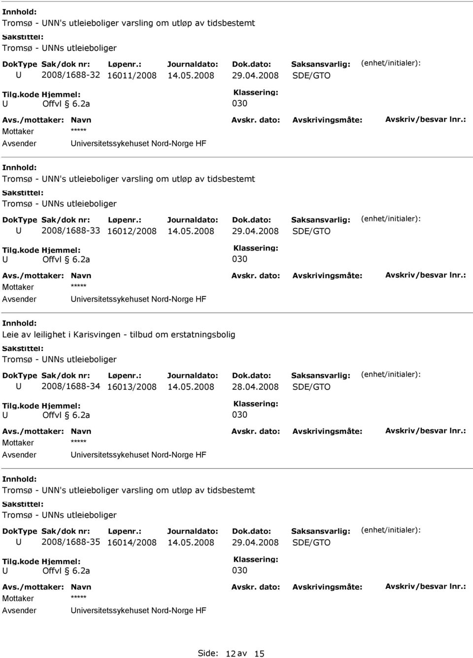 Leie av leilighet i Karisvingen - tilbud om erstatningsbolig Tromsø - NNs utleieboliger 2008/1688-34 16013/2008 niversitetssykehuset Nord-Norge HF