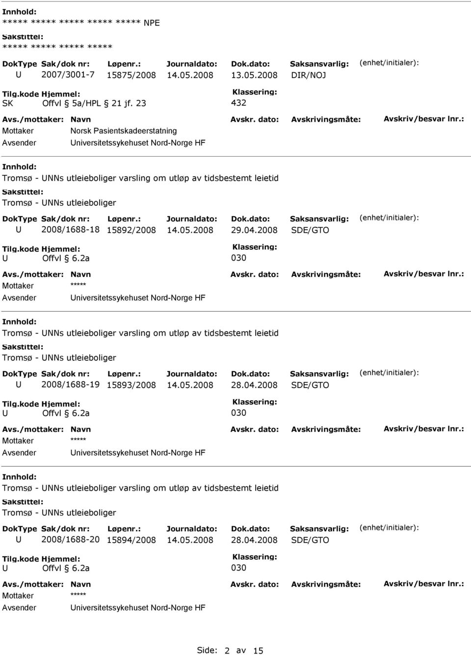 leietid Tromsø - NNs utleieboliger 2008/1688-18 15892/2008 niversitetssykehuset Nord-Norge HF Tromsø - NNs utleieboliger varsling om utløp av