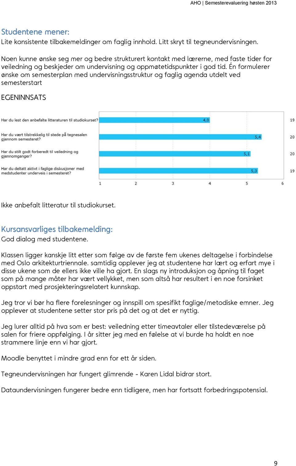 Én formulerer ønske om semesterplan med undervisningsstruktur og faglig agenda utdelt ved semesterstart EGENINNSATS Ikke anbefalt litteratur til studiokurset.