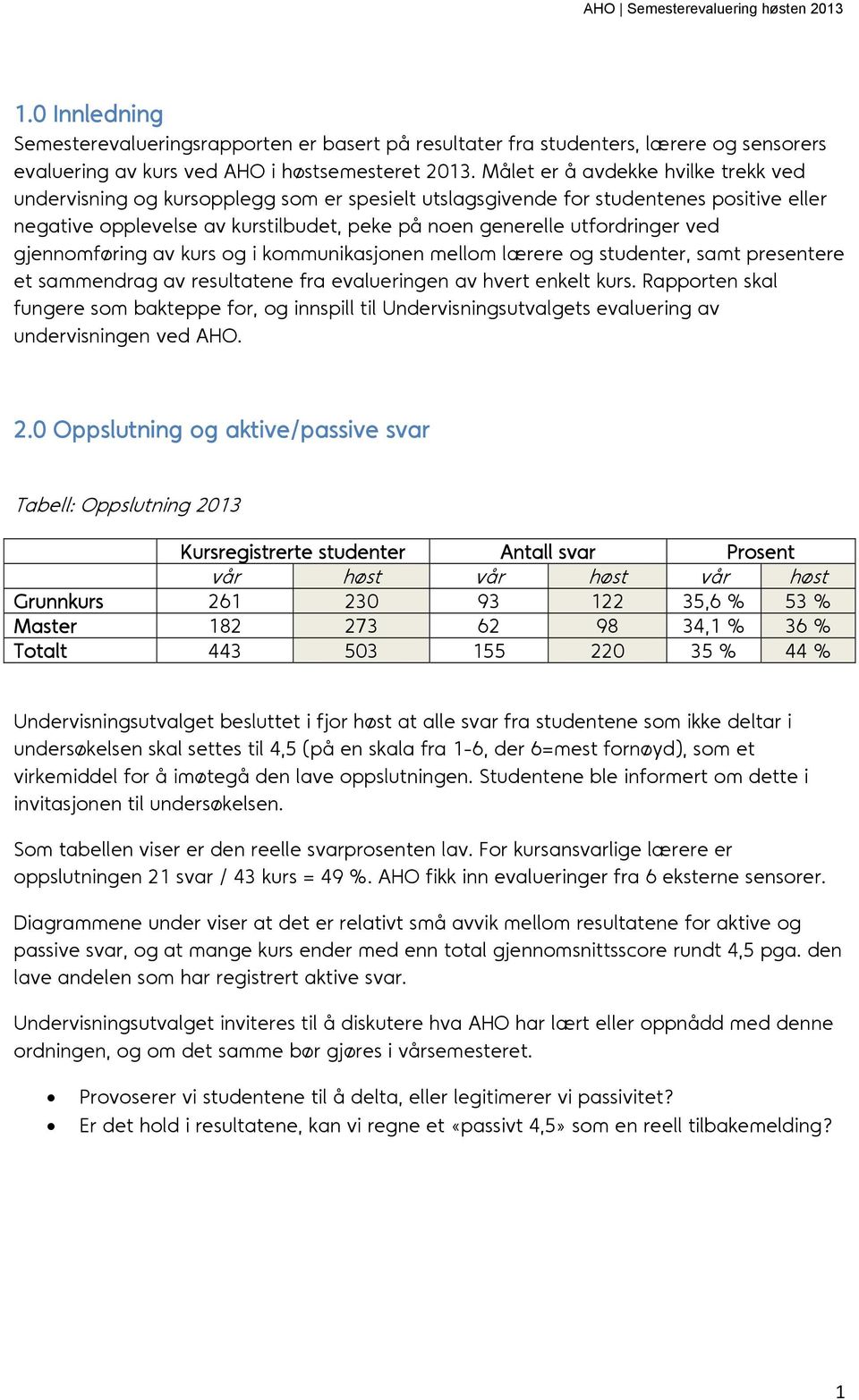 ved gjennomføring av kurs og i kommunikasjonen mellom lærere og studenter, samt presentere et sammendrag av resultatene fra evalueringen av hvert enkelt kurs.