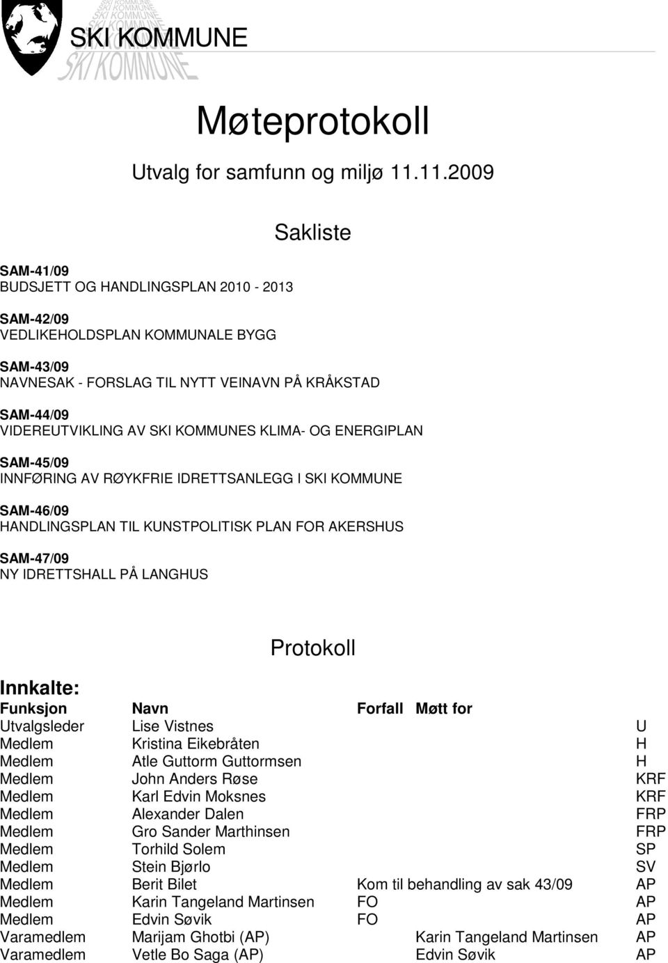 KOMMUNES KLIMA- OG ENERGIPLAN SAM-45/09 INNFØRING AV RØYKFRIE IDRETTSANLEGG I SKI KOMMUNE SAM-46/09 HANDLINGSPLAN TIL KUNSTPOLITISK PLAN FOR AKERSHUS SAM-47/09 NY IDRETTSHALL PÅ LANGHUS Protokoll