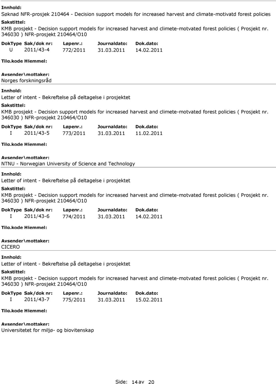 2011 Norges forskningsråd Letter of intent - Bekreftelse på deltagelse i prosjektet KMB prosjekt - Decision support models for increased harvest and climete-motvated forest policies ( Prosjekt nr.