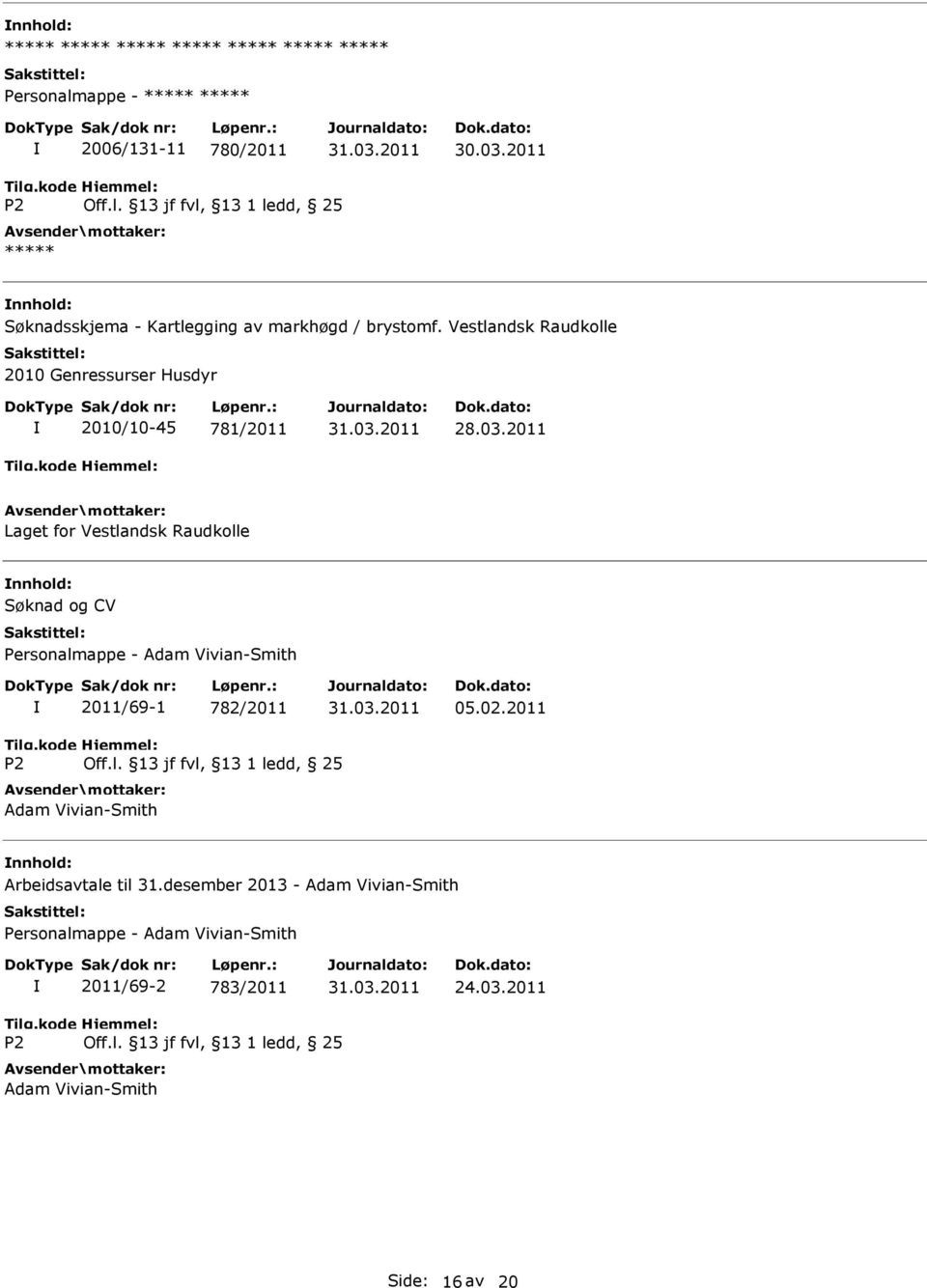 2011 Laget for Vestlandsk Raudkolle Søknad og CV Personalmappe - Adam Vivian-Smith 2011/69-1 782/2011 05.02.