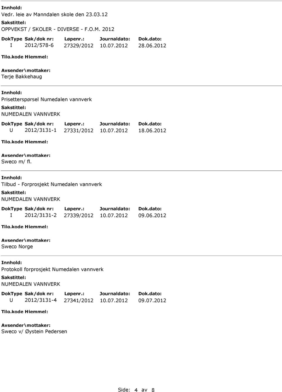 2012 Sweco m/ fl. nnhold: Tilbud - Forprosjekt Numedalen vannverk NMEDALEN VANNVERK 2012/3131-2 27339/2012 09.06.