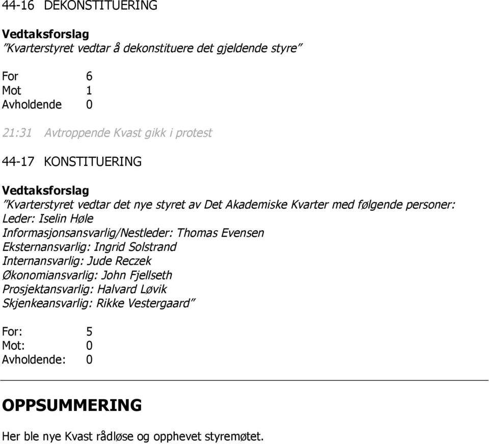 Informasjonsansvarlig/Nestleder: Thomas Evensen Eksternansvarlig: Ingrid Solstrand Internansvarlig: Jude Reczek Økonomiansvarlig: John