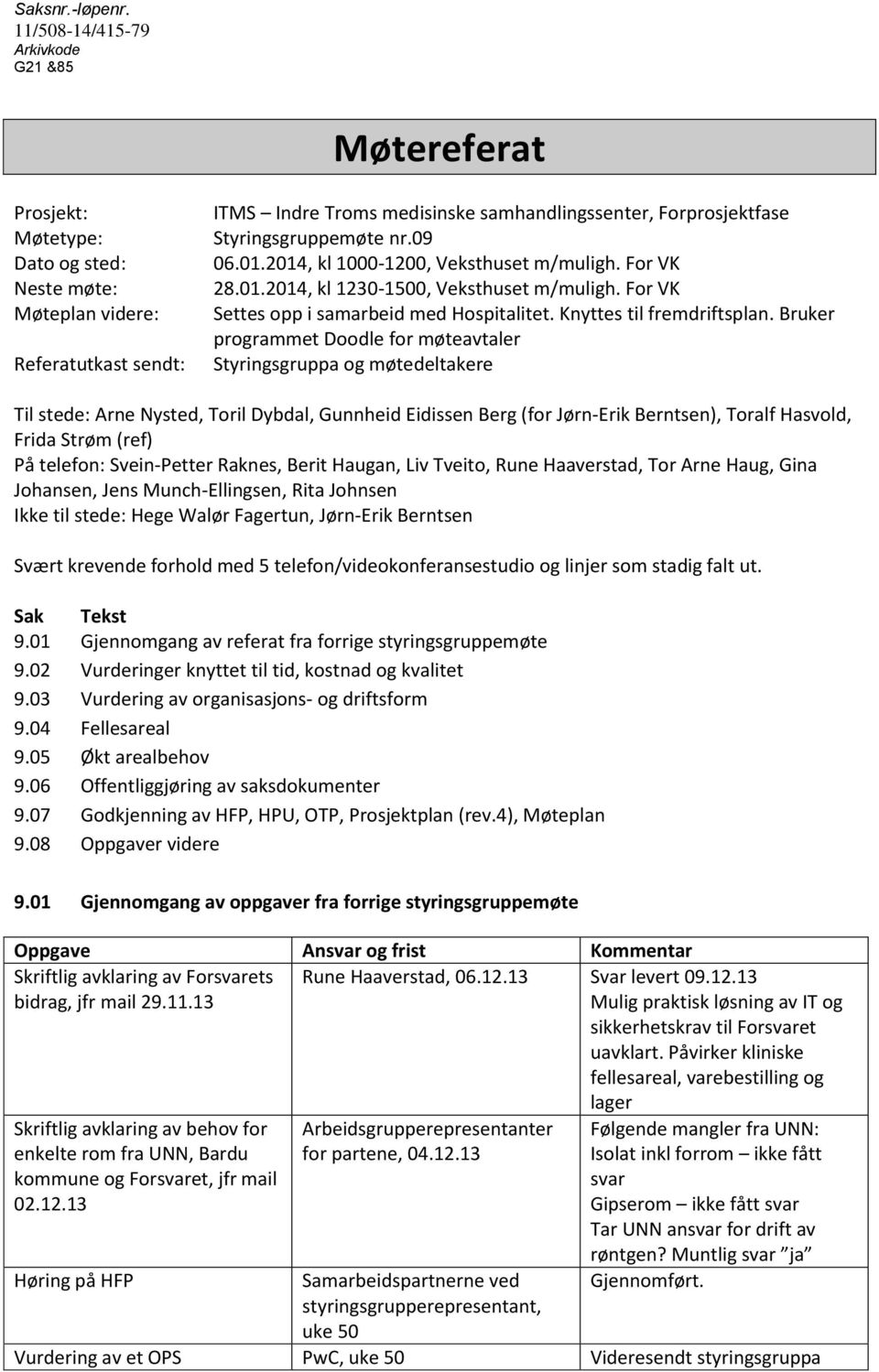 Bruker programmet Doodle for møteavtaler Styringsgruppa og møtedeltakere Til stede: Arne Nysted, Toril Dybdal, Gunnheid Eidissen Berg (for Jørn-Erik Berntsen), Toralf Hasvold, Frida Strøm (ref) På