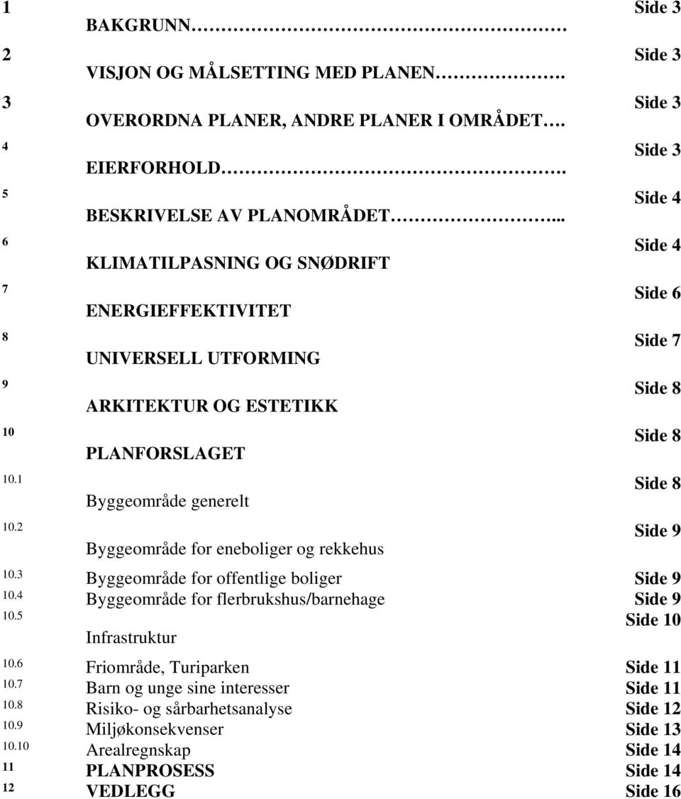 3 Side 3 Side 4 Side 4 Side 6 Side 7 Side 8 Side 8 Side 8 Side 9 10.3 Byggeområde for offentlige boliger Side 9 10.4 Byggeområde for flerbrukshus/barnehage Side 9 10.