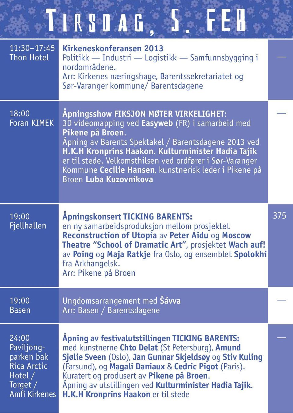 på Broen. Åpning av Barents Spektakel / Barentsdagene 2013 ved H.K.H Kronprins Haakon. Kulturminister Hadia Tajik er til stede.