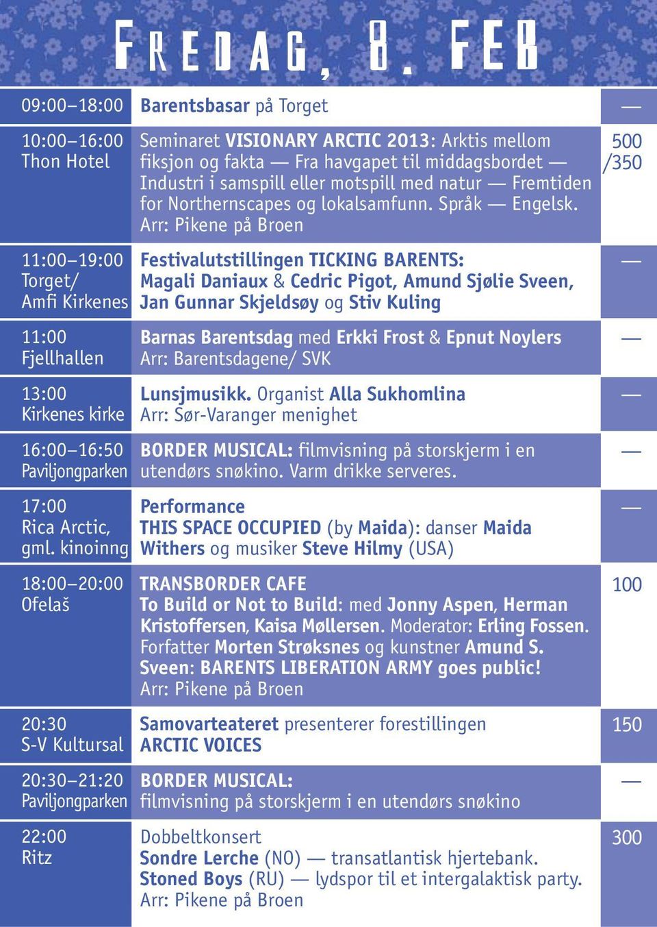 FEB Barentsbasar på Torget Seminaret VISIONARY ARCTIC 2013: Arktis mellom fiksjon og fakta Fra havgapet til middagsbordet Industri i samspill eller motspill med natur Fremtiden for Northernscapes og