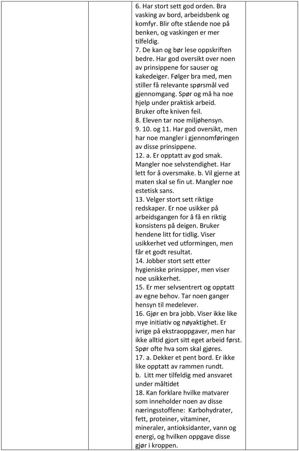 Bruker ofte kniven feil. 8. Eleven tar noe miljøhensyn. 9. 10. og 11. Har god oversikt, men har noe mangler i gjennomføringen av disse prinsippene. 12. a. Er opptatt av god smak.