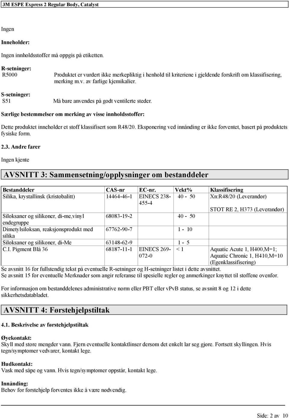 Må bare anvendes på godt ventilerte steder. Særlige bestemmelser om merking av visse innholdsstoffer: Dette produktet inneholder et stoff klassifisert som R48/20.