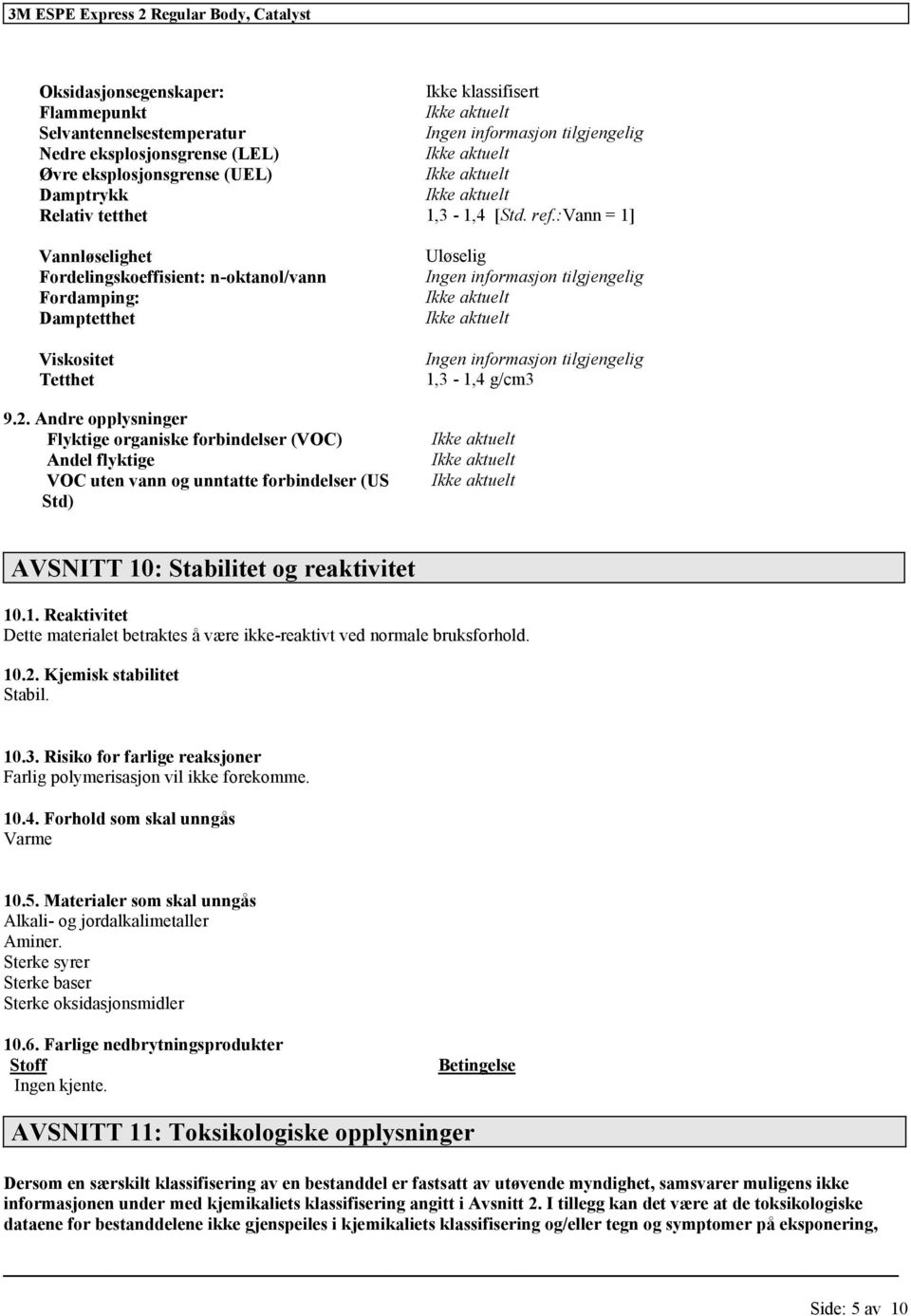 Andre opplysninger Flyktige organiske forbindelser (VOC) Andel flyktige VOC uten vann og unntatte forbindelser (US Std) Uløselig Ingen informasjon Ingen informasjon 1,3-1,4 g/cm3 AVSNITT 10: