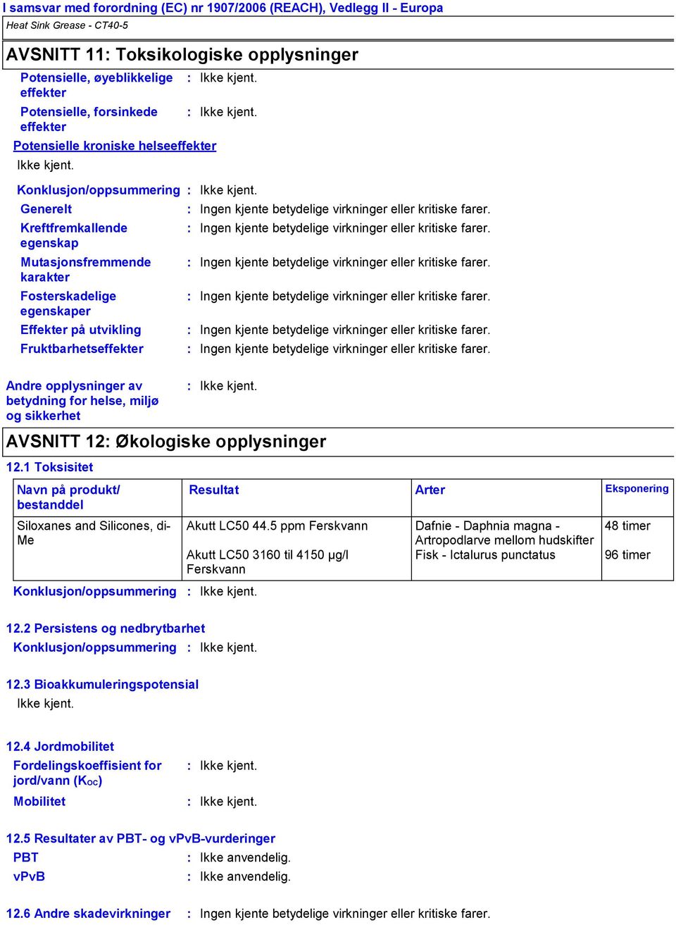 virkninger eller kritiske farer. Ingen kjente betydelige virkninger eller kritiske farer. Ingen kjente betydelige virkninger eller kritiske farer. Ingen kjente betydelige virkninger eller kritiske farer. Ingen kjente betydelige virkninger eller kritiske farer. Ingen kjente betydelige virkninger eller kritiske farer. Andre opplysninger av betydning for helse, miljø og sikkerhet 12.