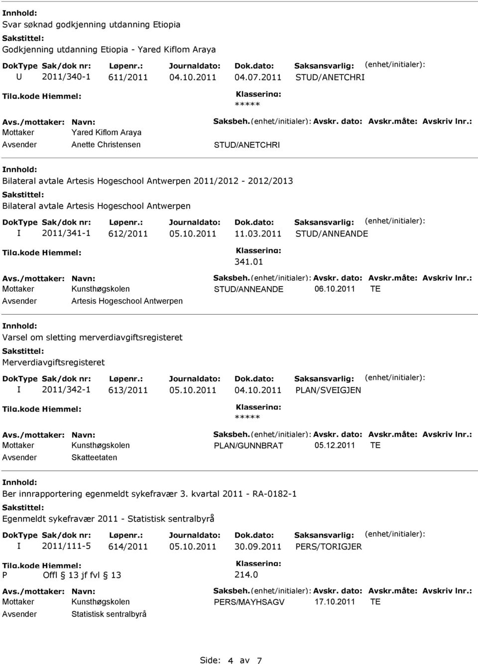 2011 TD/ANNEANDE 341.01 Avs./mottaker: Navn: aksbeh. Avskr. dato: Avskr.måte: Avskriv lnr.: TD/ANNEANDE 06.10.