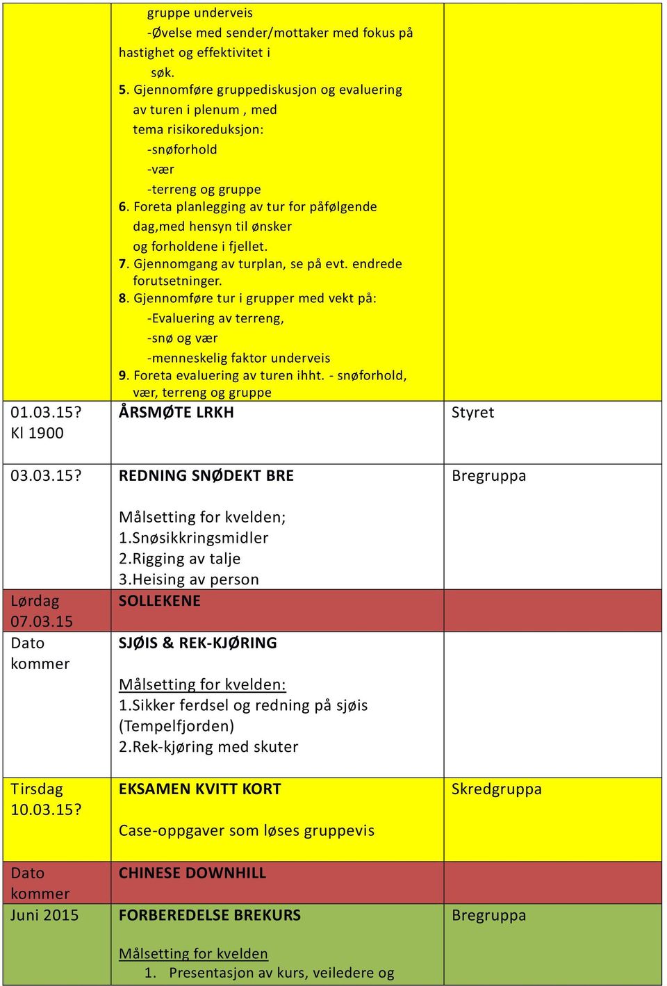 Foreta planlegging av tur for påfølgende dag,med hensyn til ønsker og forholdene i fjellet. 7. Gjennomgang av turplan, se på evt. endrede forutsetninger. 8.