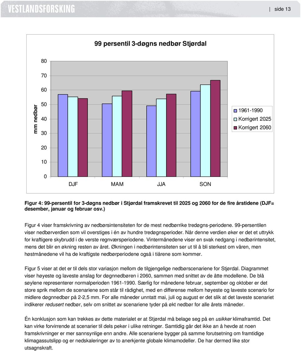 99-persentilen viser nedbørverdien som vil overstiges i én av hundre tredøgnsperioder. Når denne verdien øker er det et uttrykk for kraftigere skybrudd i de verste regnværsperiodene.