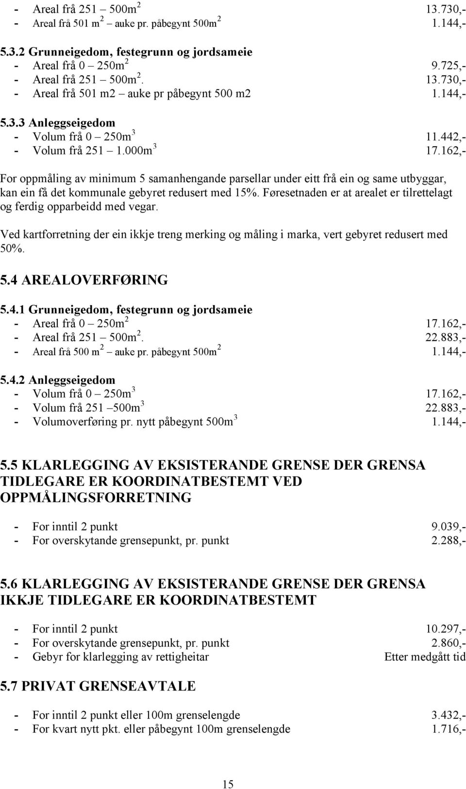 162,- For oppmåling av minimum 5 samanhengande parsellar under eitt frå ein og same utbyggar, kan ein få det kommunale gebyret redusert med 15%.