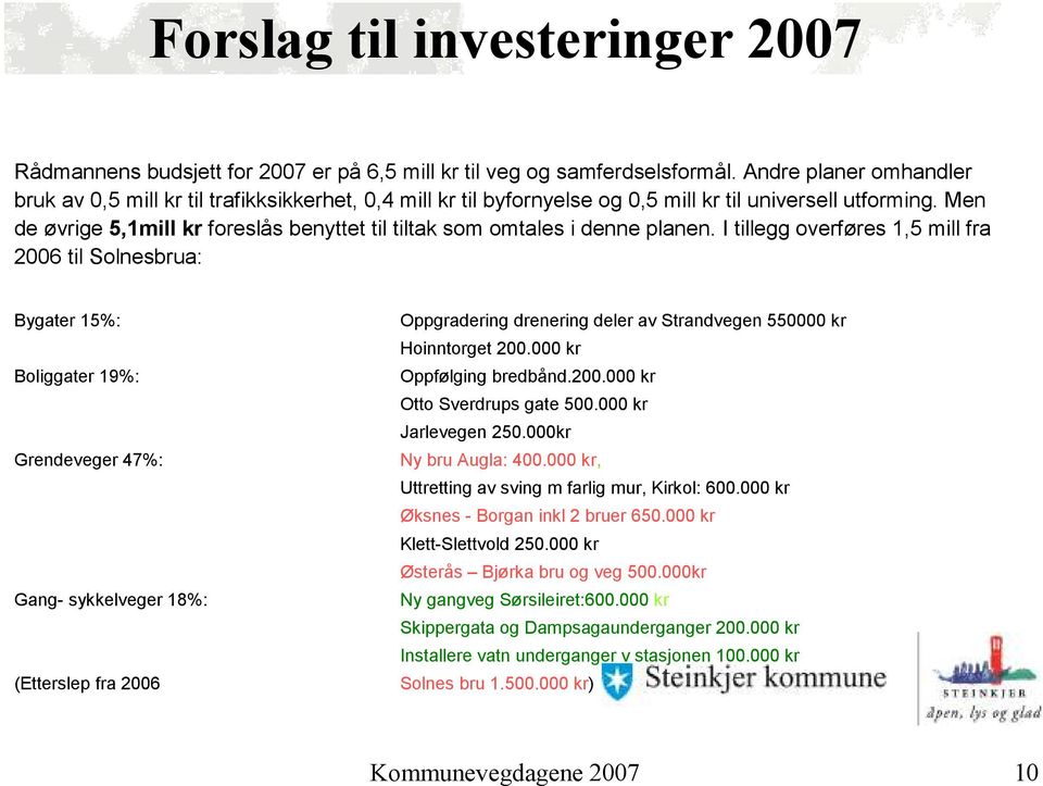 Men de øvrige 5,1mill kr foreslås benyttet til tiltak som omtales i denne planen.