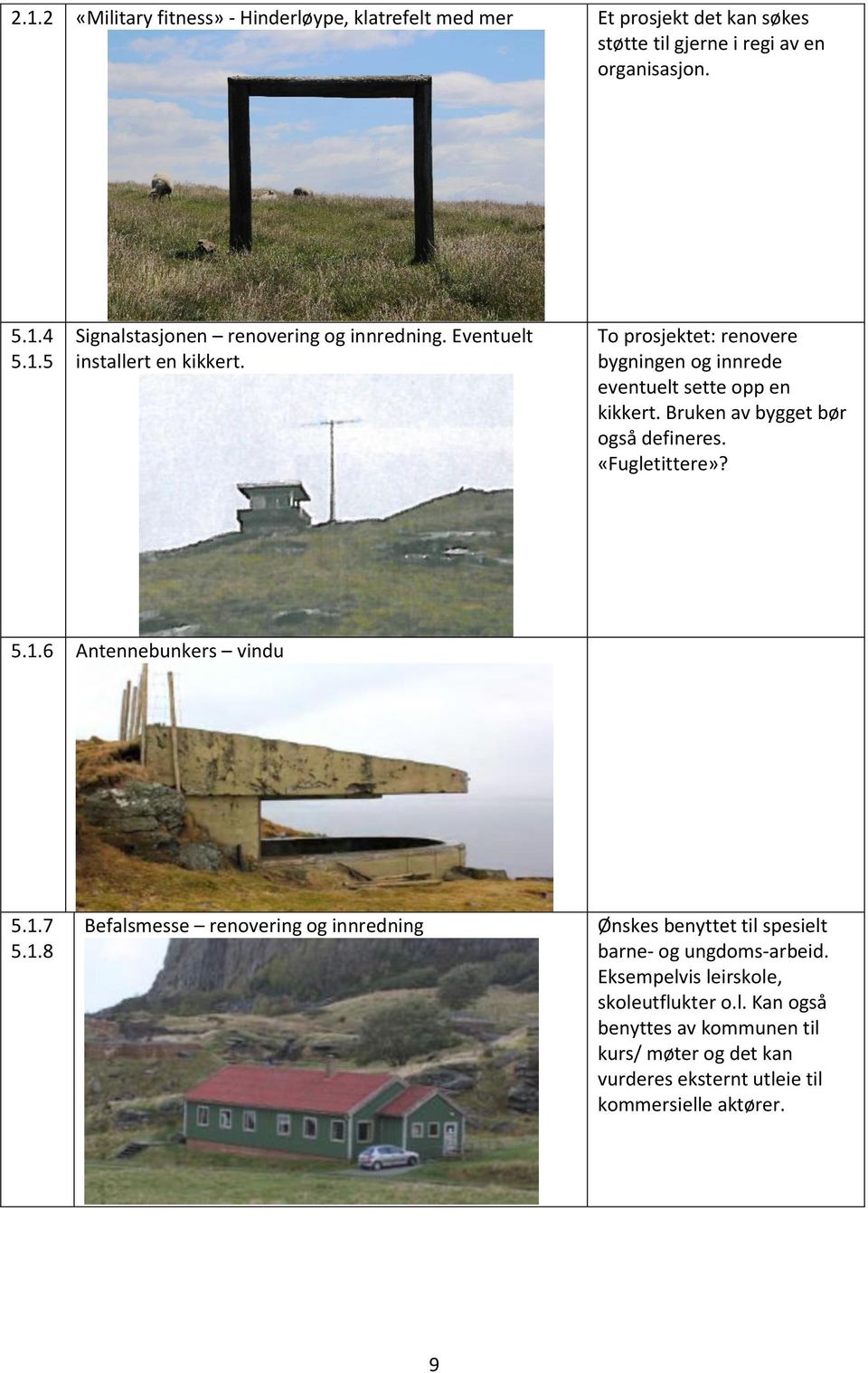 «Fugletittere»? 5.1.6 Antennebunkers vindu 5.1.7 5.1.8 Befalsmesse renovering og innredning Ønskes benyttet til spesielt barne- og ungdoms-arbeid.