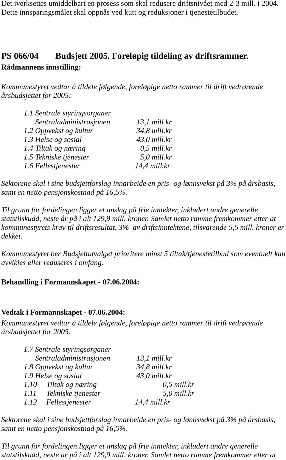 1 Sentrale styringsorganer Sentraladministrasjonen 13,1 mill.kr 1.2 Oppvekst og kultur 34,8 mill.kr 1.3 Helse og sosial 43,0 mill.kr 1.4 Tiltak og næring 0,5 mill.kr 1.5 Tekniske tjenester 5,0 mill.