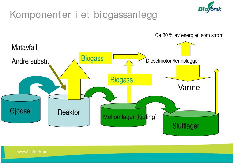 Biogass Ca 30 % av energien som strøm Dieselmotor