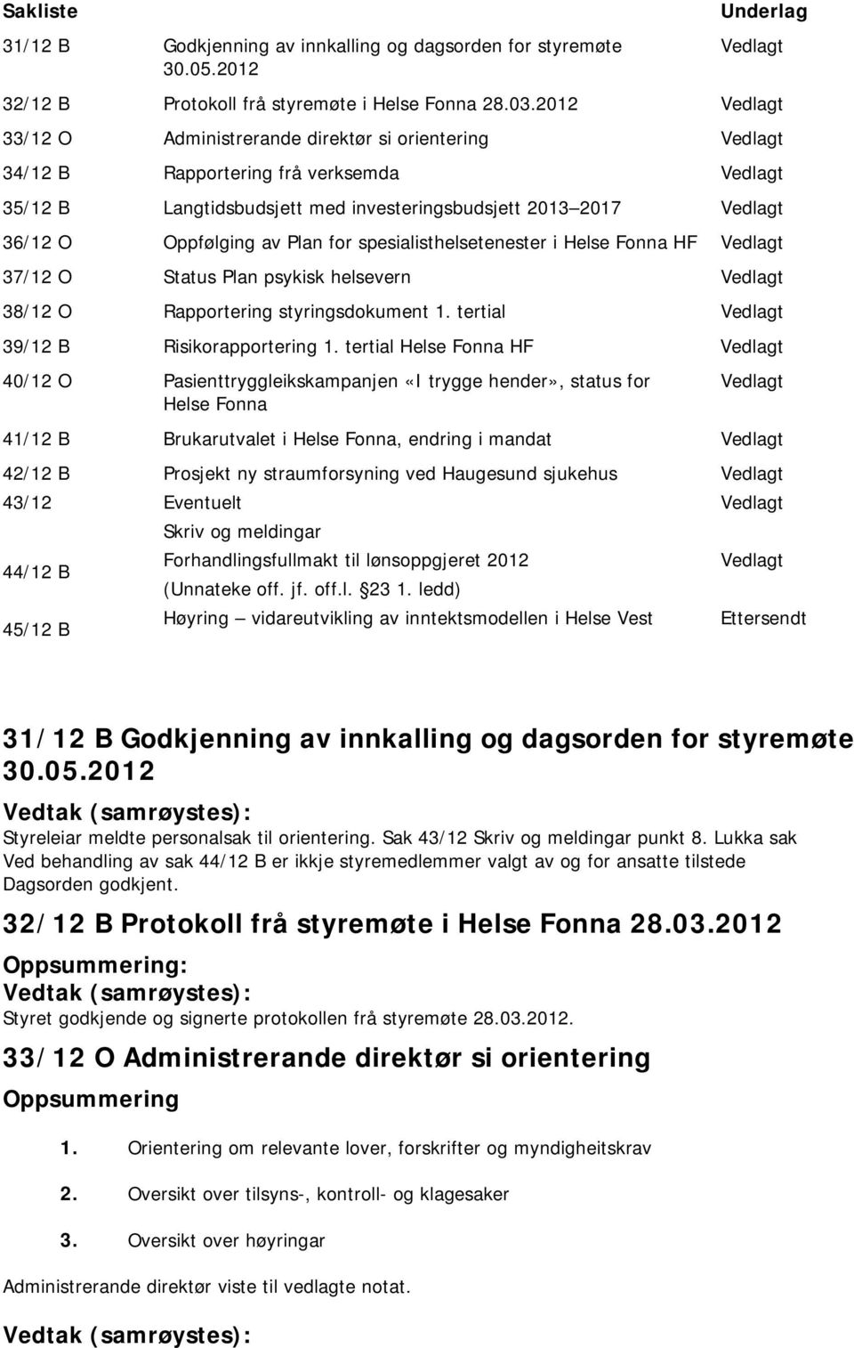 spesialisthelsetenester i Helse Fonna HF 37/12 O Status Plan psykisk helsevern 38/12 O Rapportering styringsdokument 1. tertial 39/12 B Risikorapportering 1.