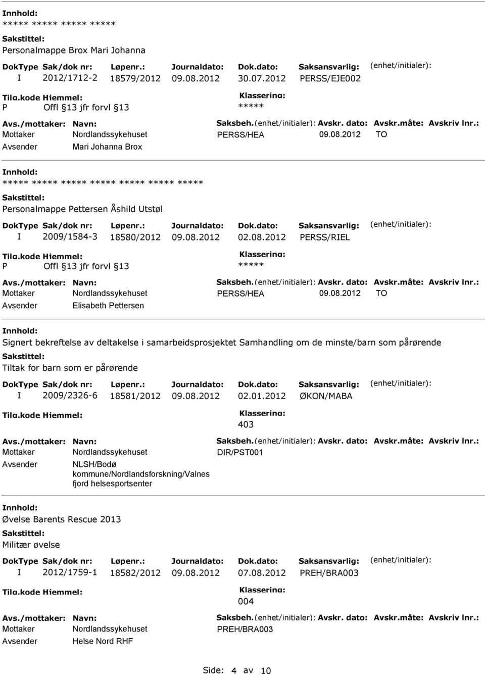 2012 ERSS/REL ERSS/HEA TO Avsender Elisabeth ettersen nnhold: Signert bekreftelse av deltakelse i samarbeidsprosjektet Samhandling om de minste/barn som pårørende