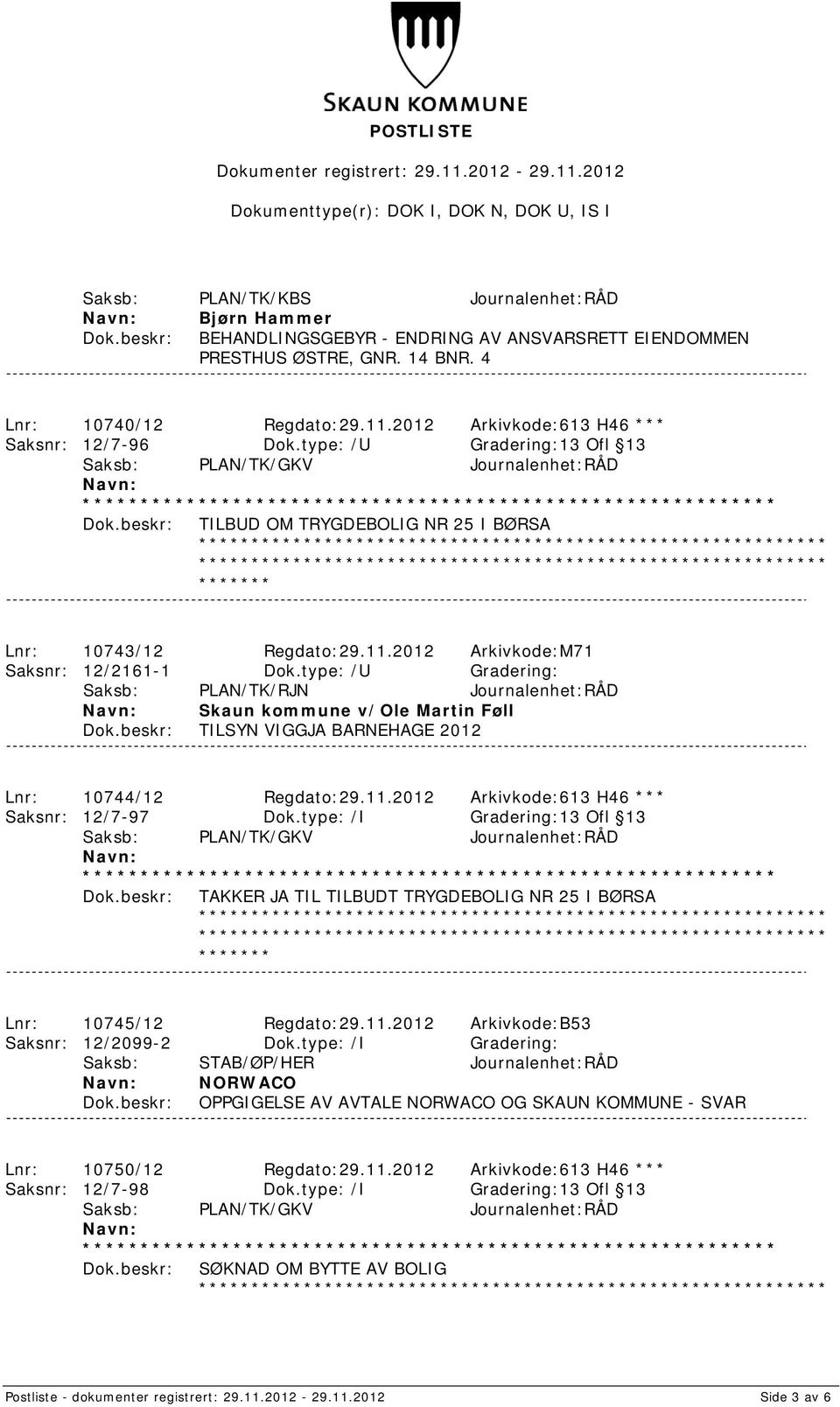 type: /U Gradering: Saksb: PLAN/TK/RJN Journalenhet:RÅD Skaun kommune v/ole Martin Føll TILSYN VIGGJA BARNEHAGE 2012 Lnr: 10744/12 Regdato:29.11.2012 Arkivkode:613 H46 *** Saksnr: 12/7-97 Dok.