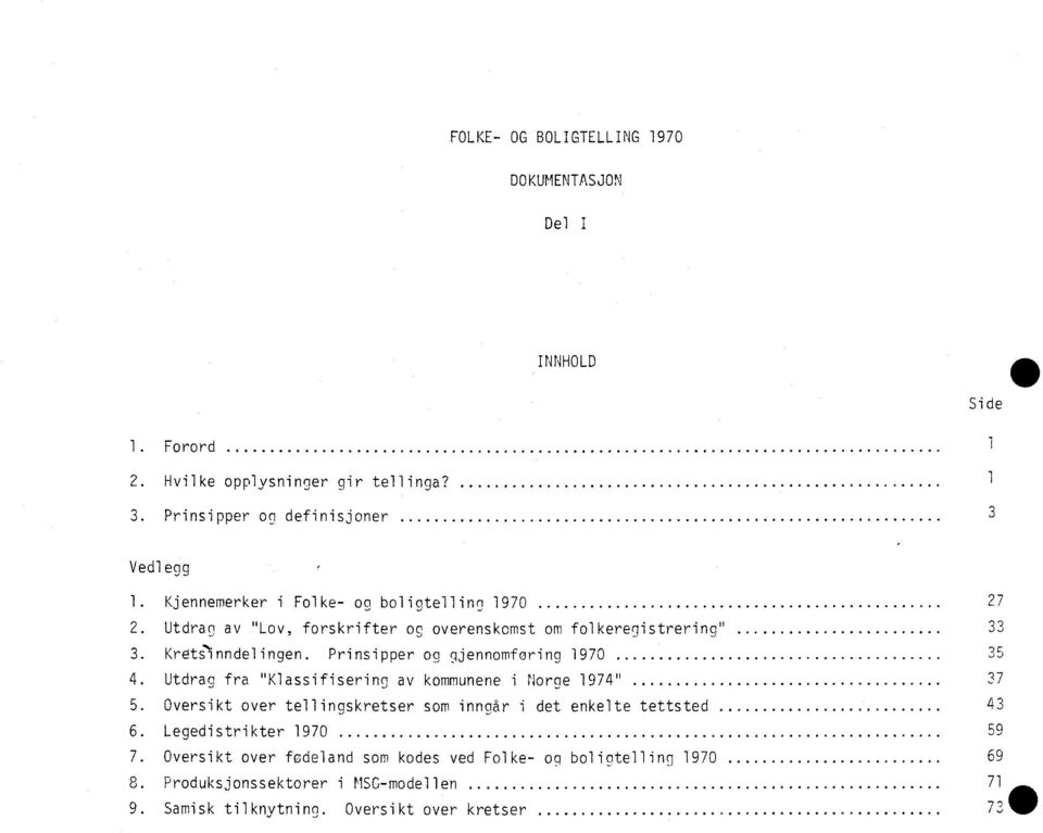 1970 4 Utdrag fra "Klassifisering av kommunene i Norne 1974" 5 Oversikt over tellingskretser som inngår i det enkelte tettsted 6 Legedistrikter 1970 7
