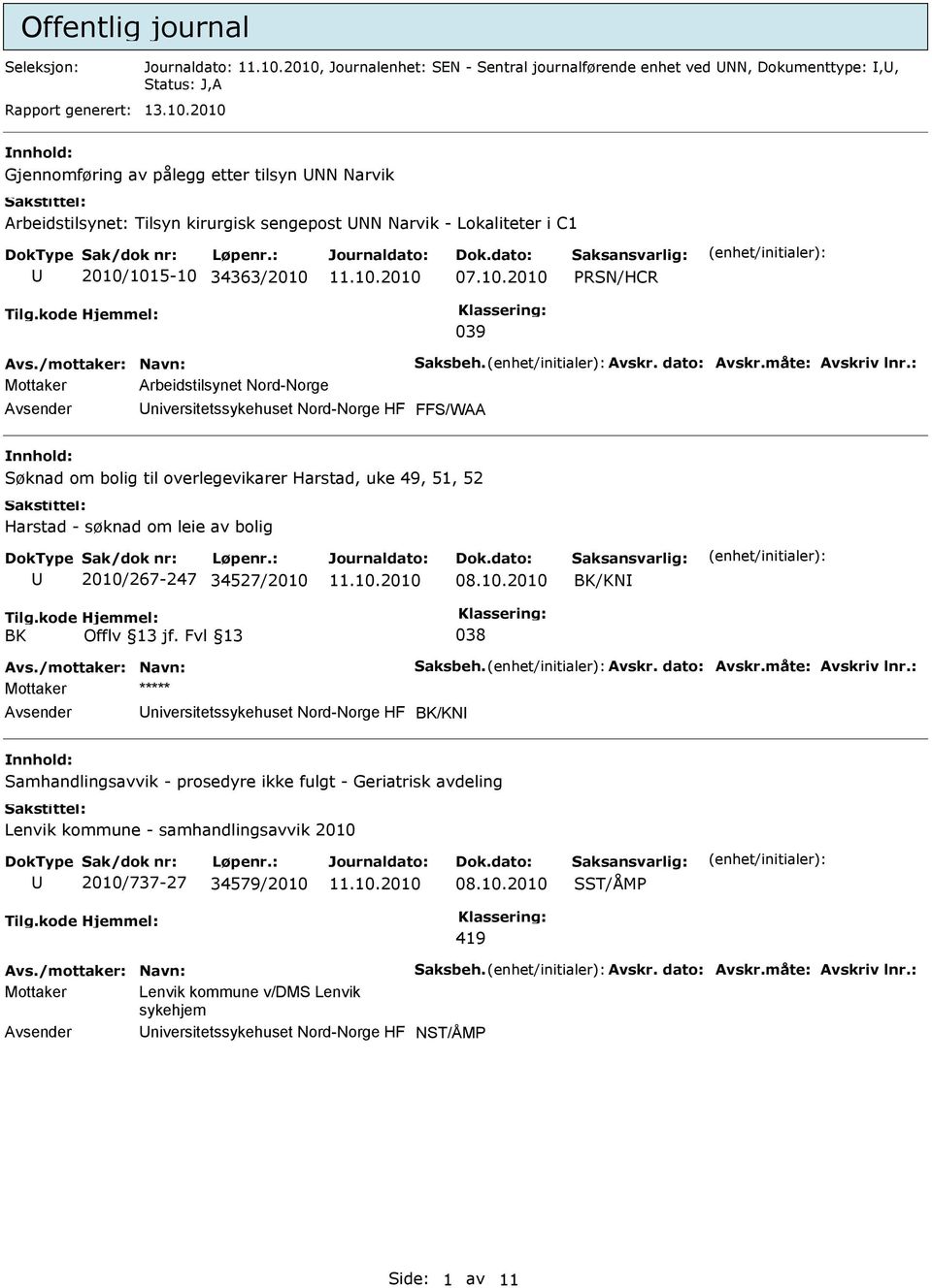 niversitetssykehuset Nord-Norge HF FFS/WAA Søknad om bolig til overlegevikarer Harstad, uke 49, 51, 52 Harstad - søknad om leie av bolig 2010/267-247 34527/2010 /KN Mottaker *****